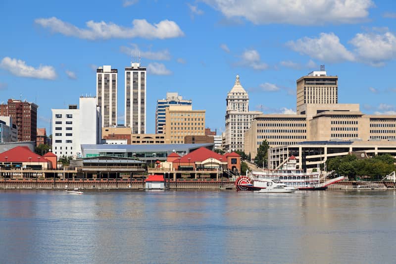 View of downtown Peoria riverfront from across the water.